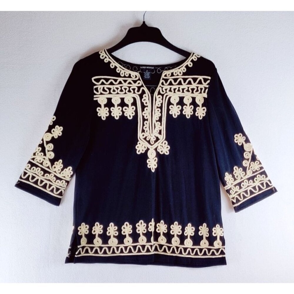 Lauren Michelle Tunic Top Embroidered Loops Flowers Soft Stretch 3/4 Sleeve Boho
